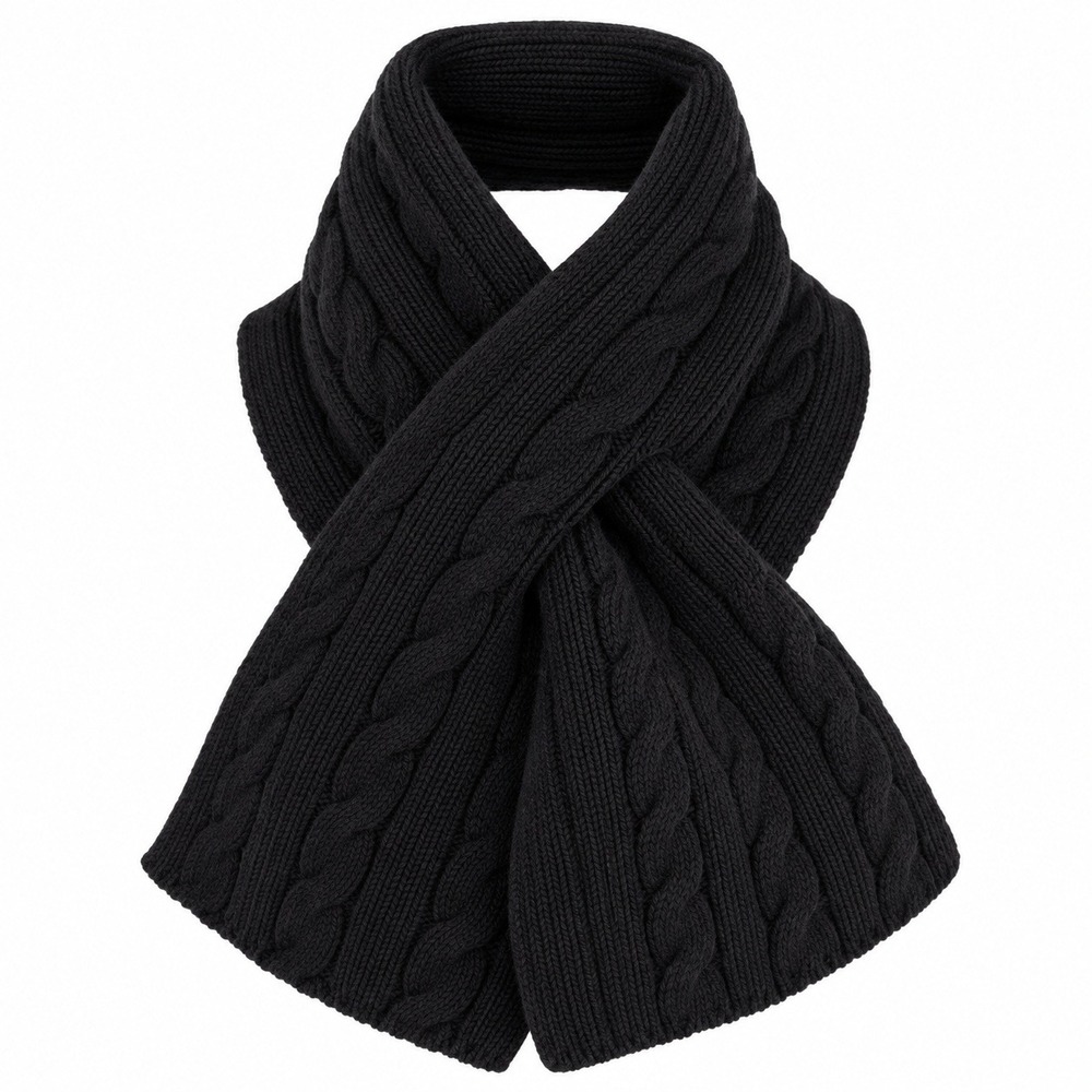 Lands End Scarf Black Cable Knit Keyhole Pull Through Neck Warmer Classic Preppy